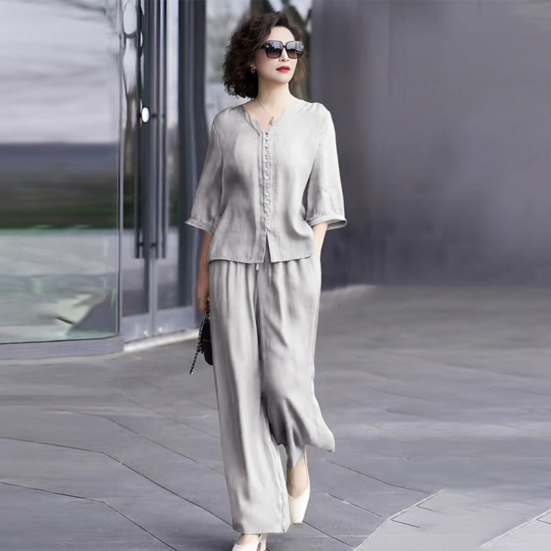 Womens Cotton Linen Wide Leg Pants Two-Piece Set