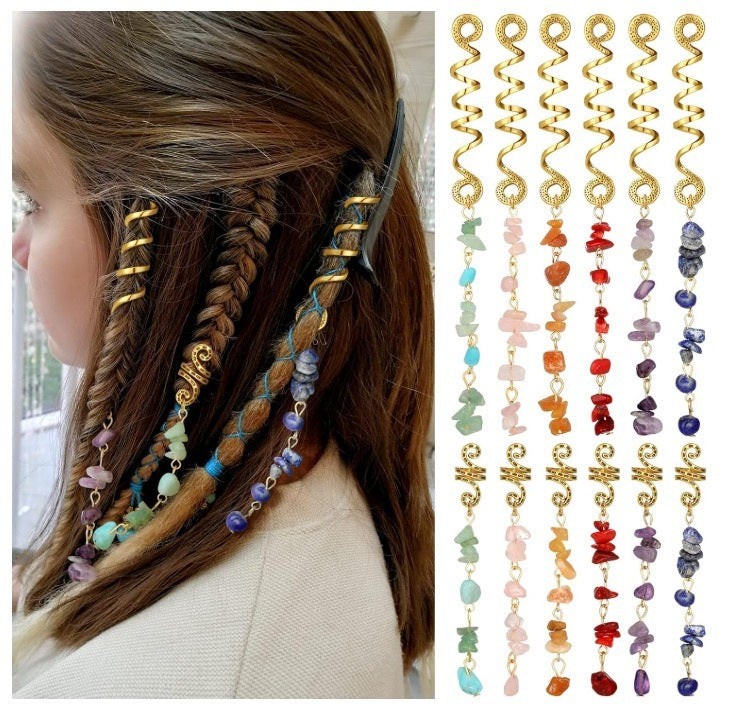 Braided Hair Rope with Stone Pendant Hair Clip