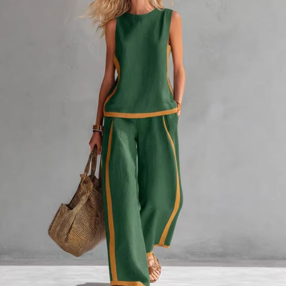 Womens Sleeveless Tank Top and Wide Leg Pants Set Color Block Casual Two Piece Outfit