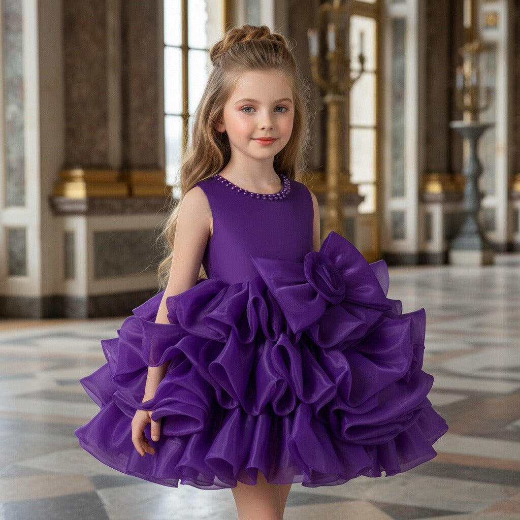 Girls Princess Dress with 3D Roses and Bow Tiered Tulle Birthday Party Gown