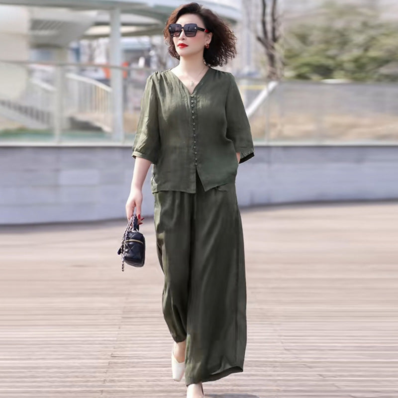 Womens Cotton Linen Wide Leg Pants Two-Piece Set