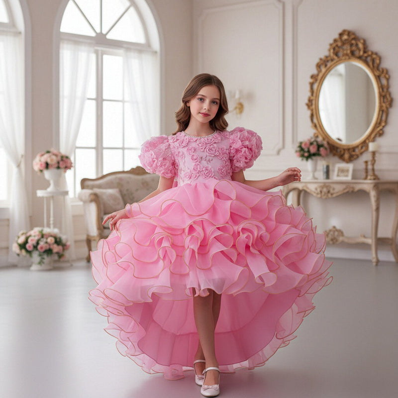 European and American Girls' Puff Short-Sleeved Dress with Three-Dimensional Flower Wedding Dress Children's Formal Dress Multi-Layered Cake Train Dress
