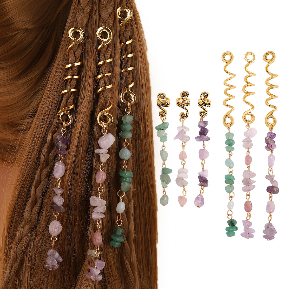 Braided Hair Rope with Stone Pendant Hair Clip