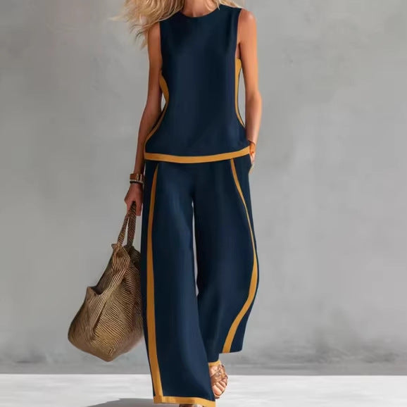 Womens Sleeveless Tank Top and Wide Leg Pants Set Color Block Casual Two Piece Outfit