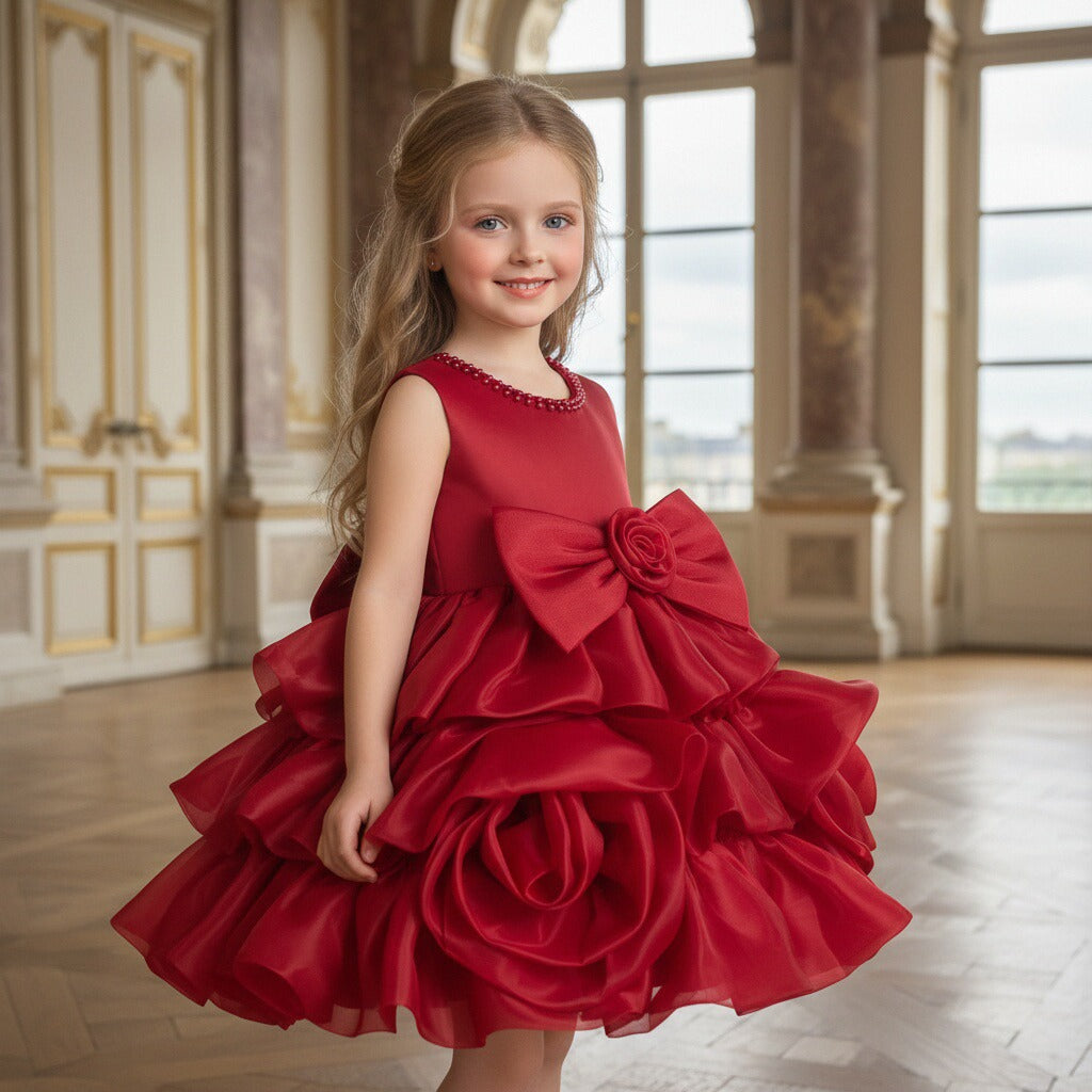Girls Princess Dress with 3D Roses and Bow Tiered Tulle Birthday Party Gown