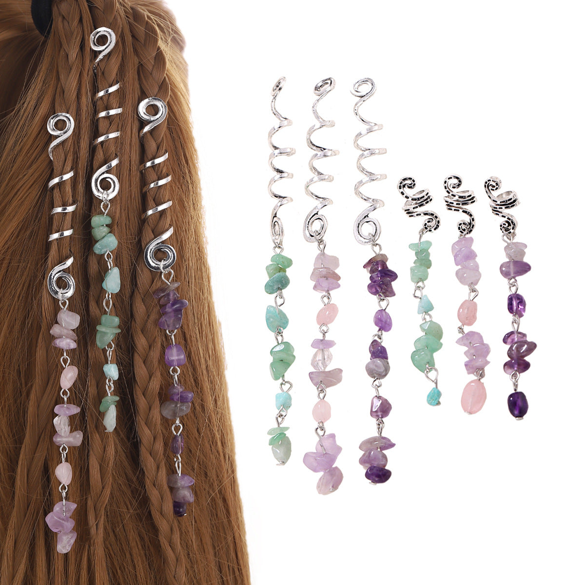 Braided Hair Rope with Stone Pendant Hair Clip