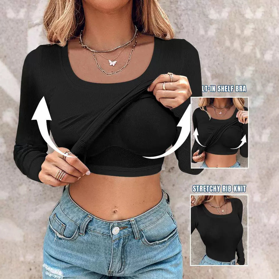 Women's Built-in Bra U-Neck Long Sleeve T-Shirt