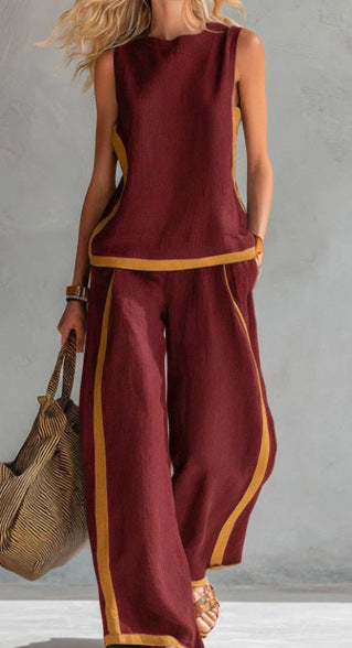 Womens Sleeveless Tank Top and Wide Leg Pants Set Color Block Casual Two Piece Outfit