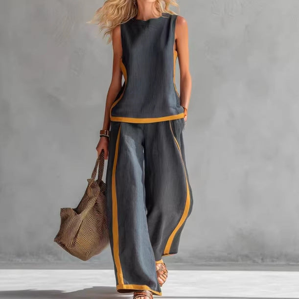 Womens Sleeveless Tank Top and Wide Leg Pants Set Color Block Casual Two Piece Outfit