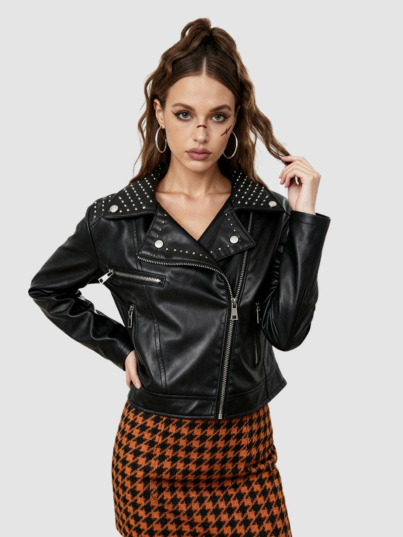 Women's short PU faux leather fitted V-neck zipper jacket