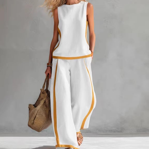 Womens Sleeveless Tank Top and Wide Leg Pants Set Color Block Casual Two Piece Outfit