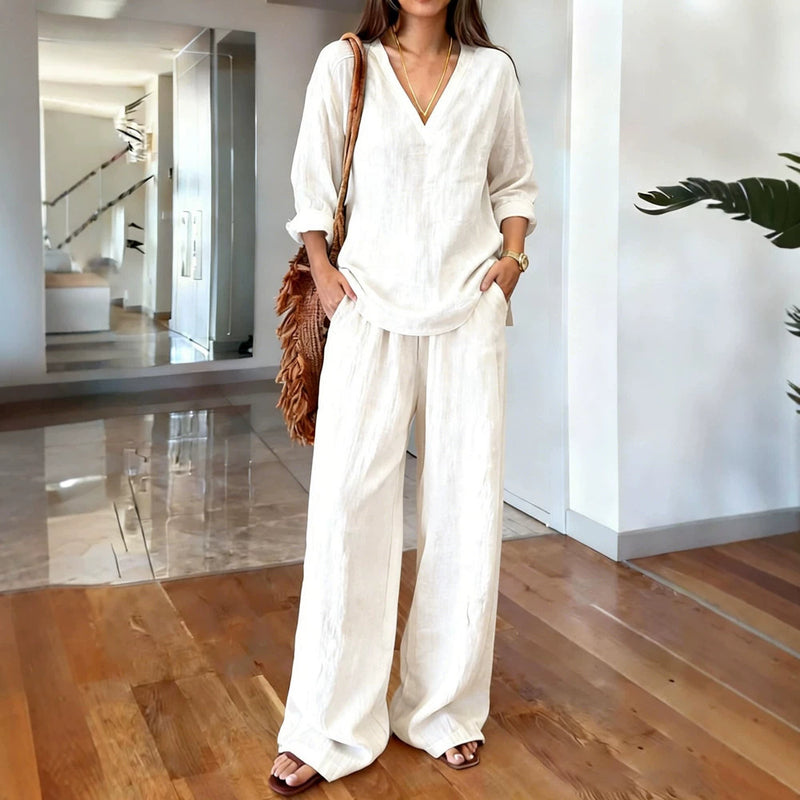 Women's V-Neck Linen Wide-Leg Two-Piece Set