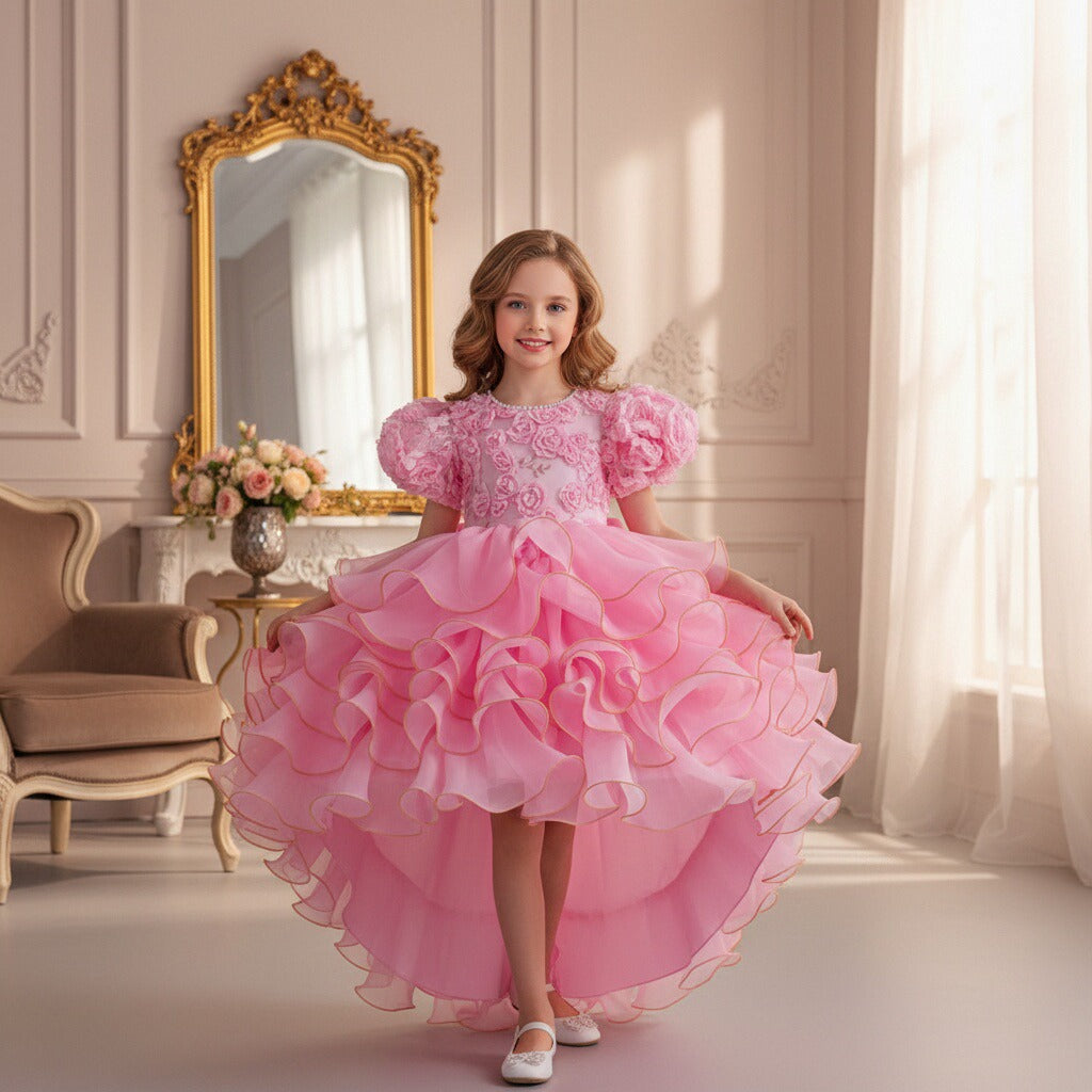 European and American Girls' Puff Short-Sleeved Dress with Three-Dimensional Flower Wedding Dress Children's Formal Dress Multi-Layered Cake Train Dress