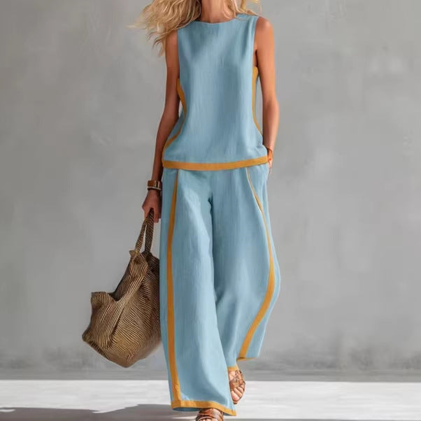 Womens Sleeveless Tank Top and Wide Leg Pants Set Color Block Casual Two Piece Outfit