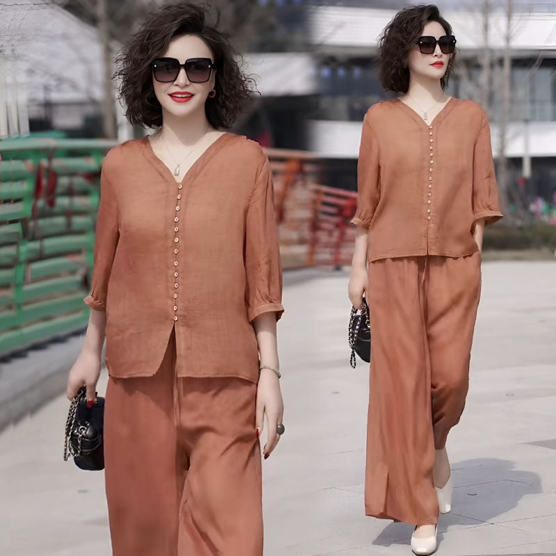 Womens Cotton Linen Wide Leg Pants Two-Piece Set
