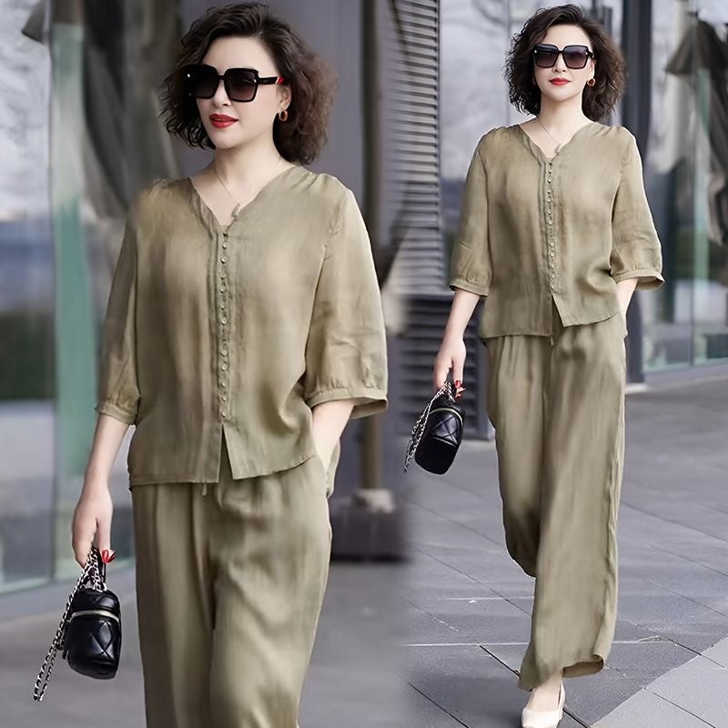 Womens Cotton Linen Wide Leg Pants Two-Piece Set