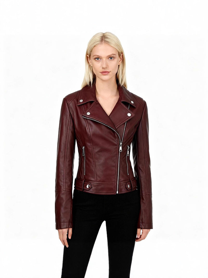 Women PU Leather Motorcycle Lapel Jacket Slim Fit Short Zipper Jacket