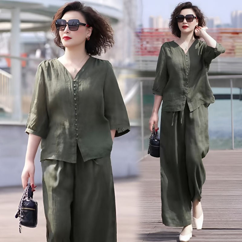 Womens Cotton Linen Wide Leg Pants Two-Piece Set
